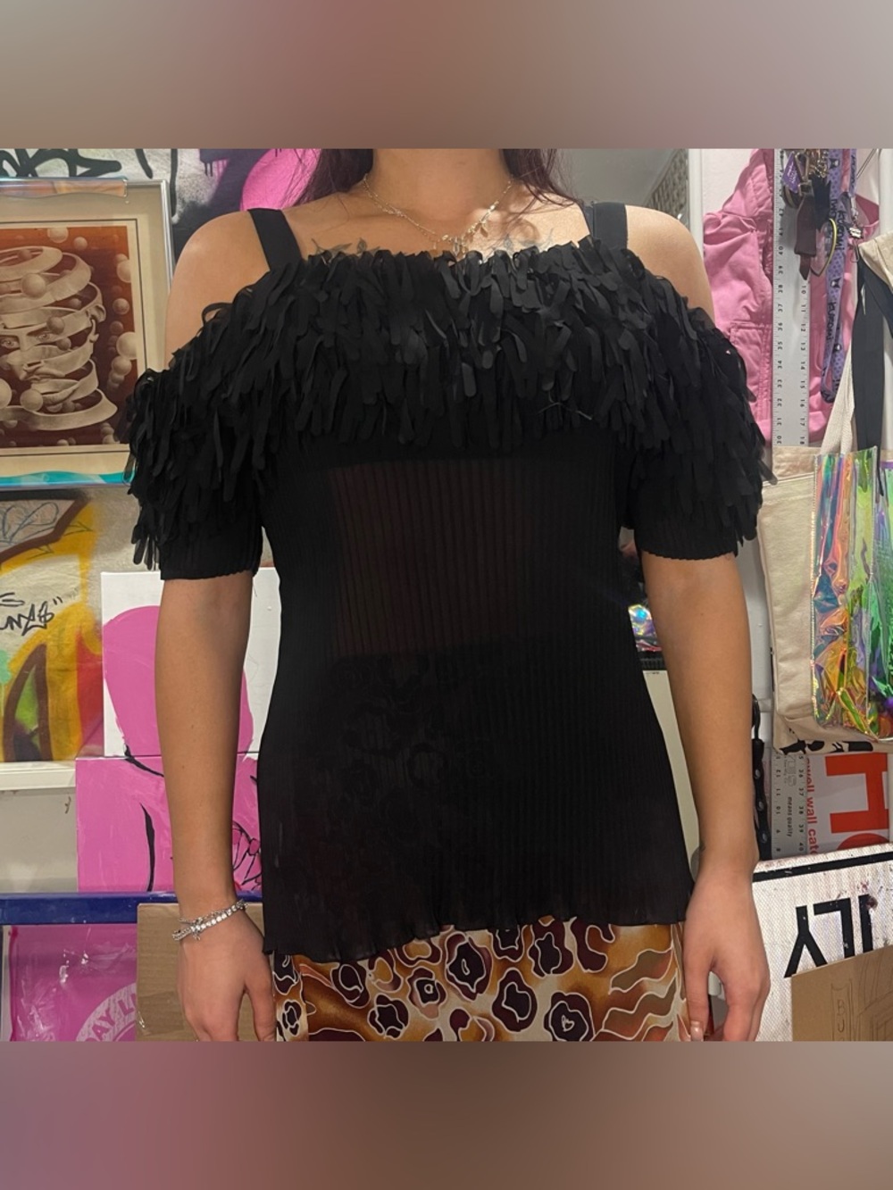 Vintage Kaelyn Max Pleated Pleats Cold Shoulder Black Goth Blouse Sz XL